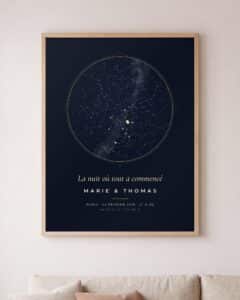 Carte du ciel personnalisée style Minimal nuit encadrée au-dessus d’un canapé, ciel étoilé de Paris le 14 février 2019
