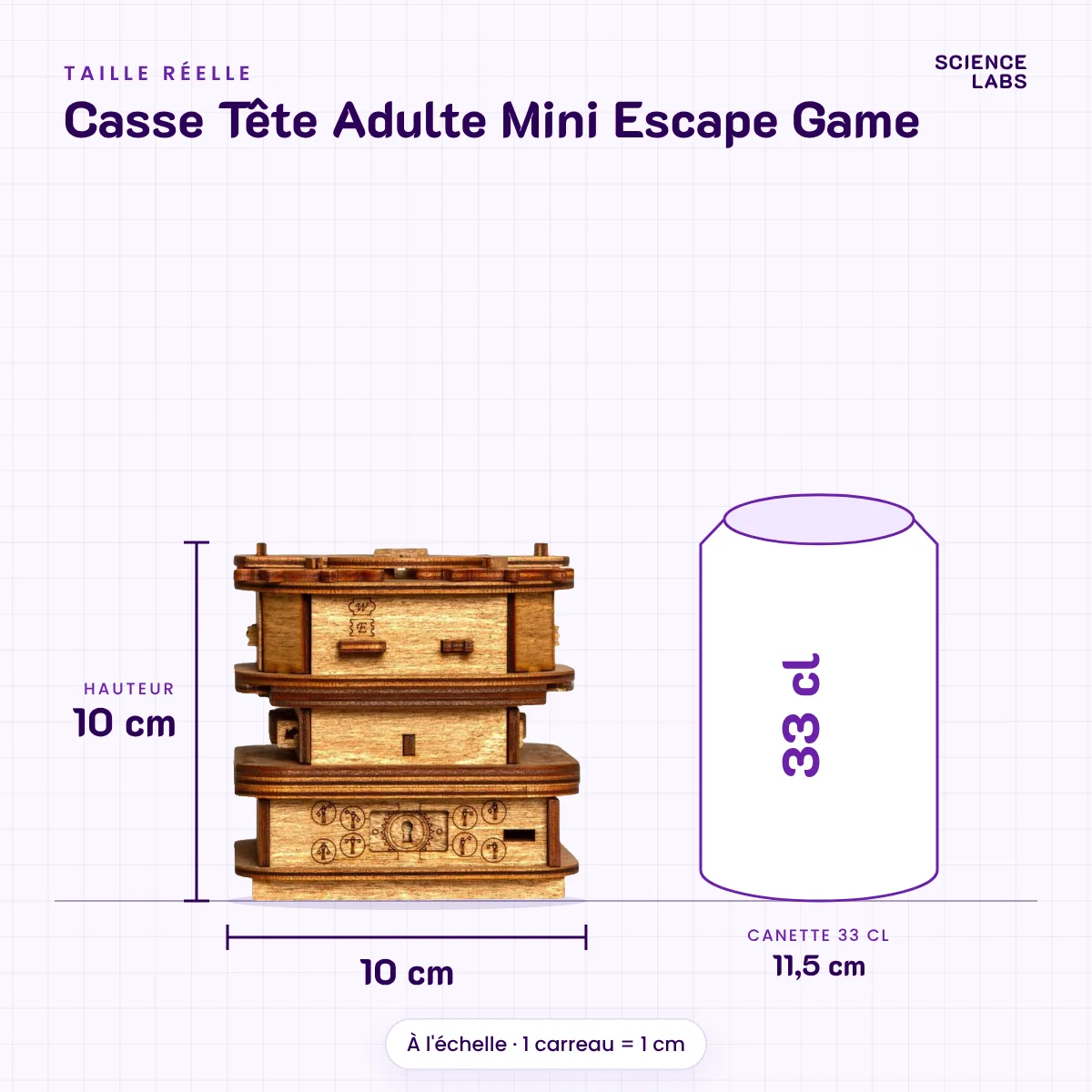 Casse Tête Adulte Mini Escape Game : taille réelle à côté d'une canette de 33 cl