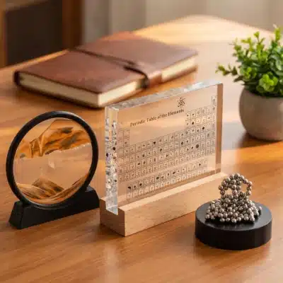 Coffret Déco Scientifique : Sablier Rond 3D, Décoration Tableau Périodique avec Vrais Éléments, Sculpture Magnétique 3D