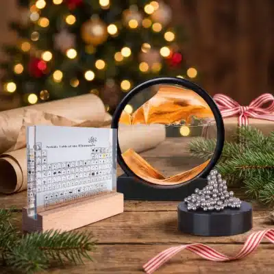 Coffret Déco Scientifique : Sablier Rond 3D, Décoration Tableau Périodique avec Vrais Éléments, Sculpture Magnétique 3D (ambiance de Noël)