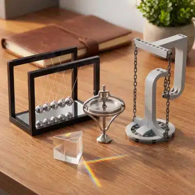 Coffret Grand Bureau du Physicien : Gyroscope Anti Gravité, Pendule de Newton Infini, Prisme Triangulaire Lumineux en Cristal de Couleur Arc en Ciel, Sculpture Tenségrité