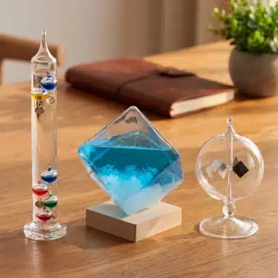 Coffret Instruments du Savant : Baromètre à Cristaux Original en Cube, Thermomètre en Verre Galiléo, Radiomètre de Crookes en Verre
