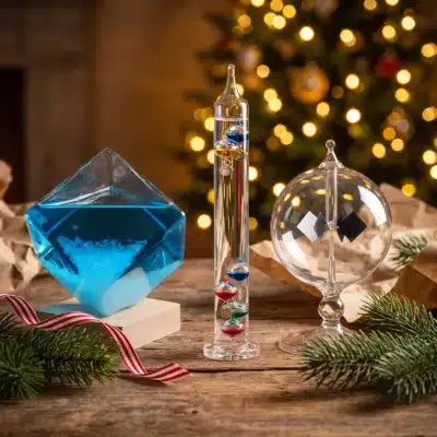 Coffret Instruments du Savant : Baromètre à Cristaux Original en Cube, Thermomètre en Verre Galiléo, Radiomètre de Crookes en Verre (ambiance de Noël)