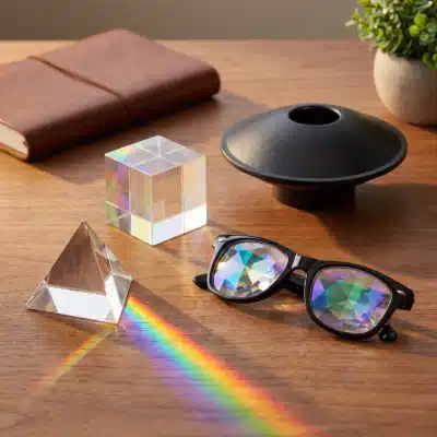 Coffret Lumière et Couleurs : Prisme Triangulaire Lumineux en Cristal de Couleur Arc en Ciel, Cube Prisme de Lumière Dichroïque, Lunettes à Diffraction, Mirascope 3D Projection Optique
