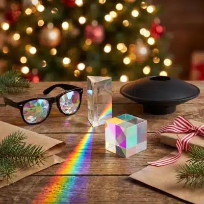 Coffret Lumière et Couleurs : Prisme Triangulaire Lumineux en Cristal de Couleur Arc en Ciel, Cube Prisme de Lumière Dichroïque, Lunettes à Diffraction, Mirascope 3D Projection Optique (ambiance de Noël)