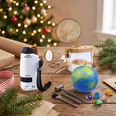 Coffret Petit Naturaliste : Mini Microscope Portatif, Kit Observation d'Insectes, Kit de Fouille Pierres Précieuses (ambiance de Noël)