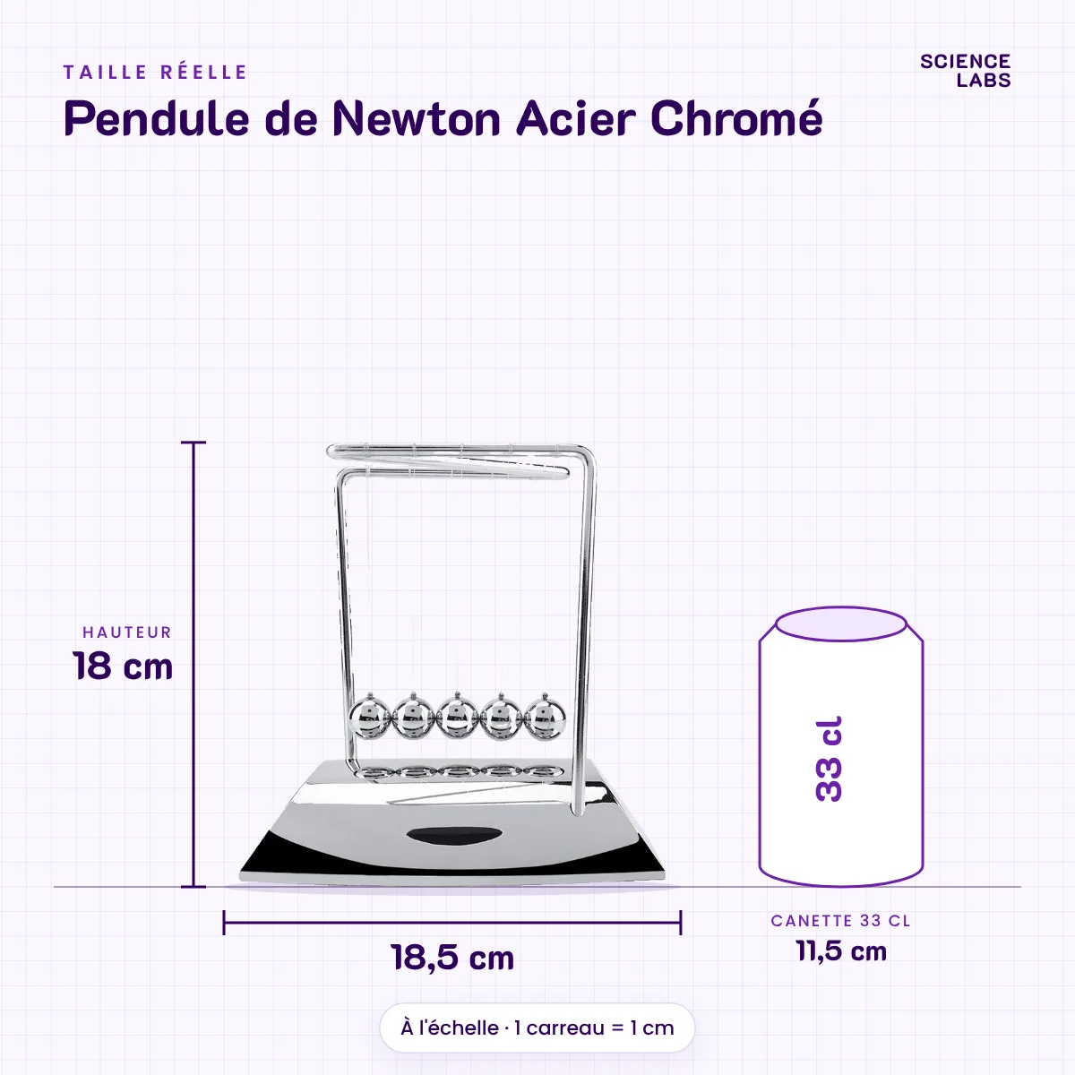 Pendule de Newton Acier Chromé : taille réelle à côté d'une canette de 33 cl
