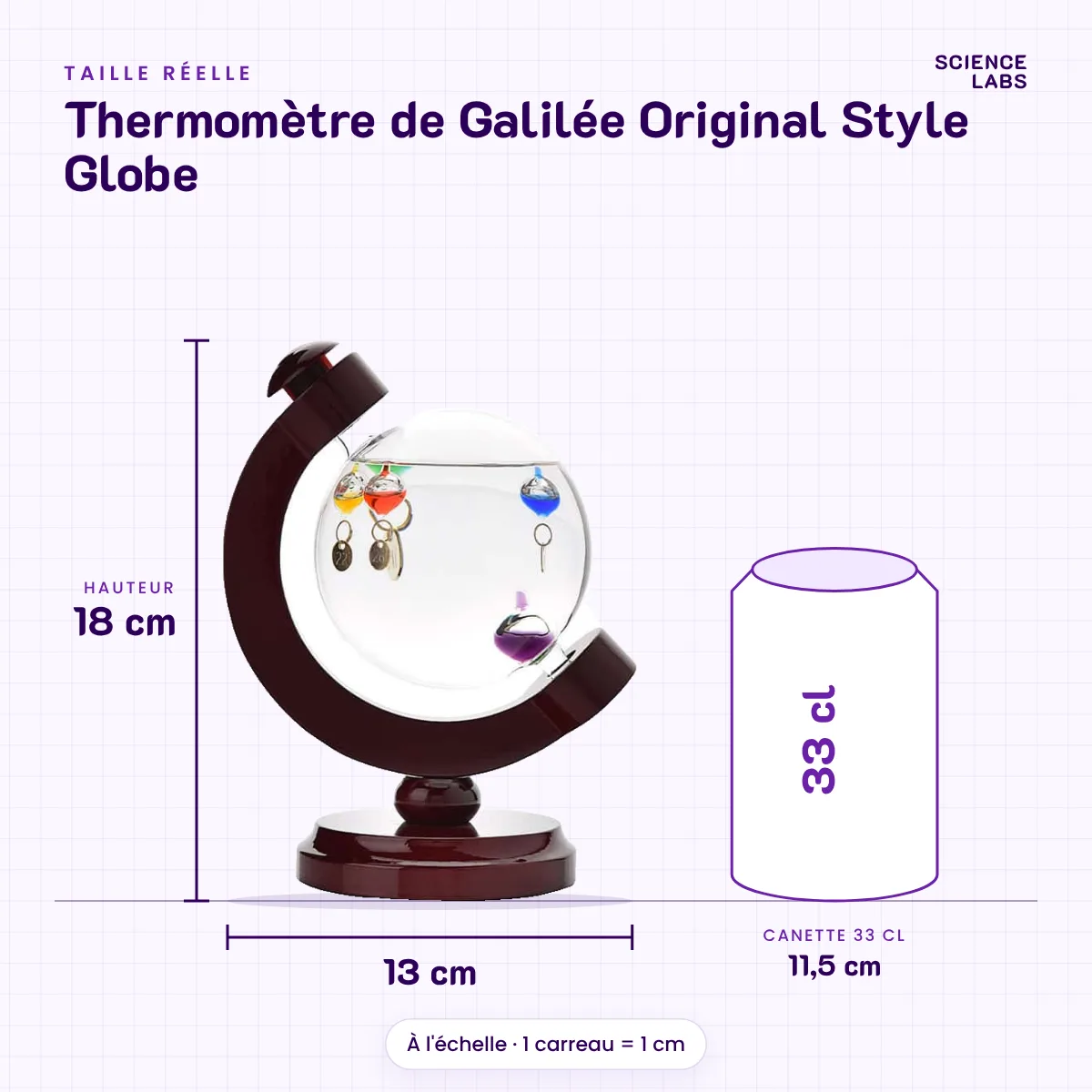 Thermomètre de Galilée Original Style Globe : taille réelle à côté d'une canette de 33 cl