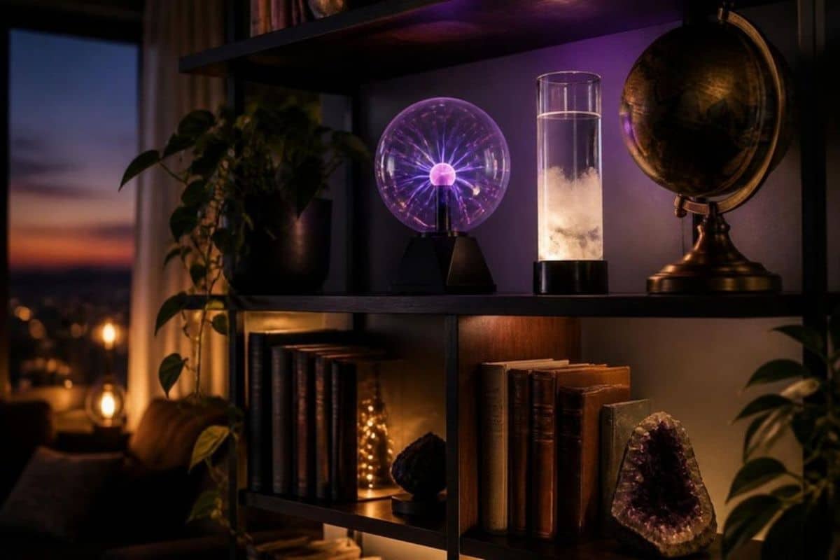 Étagère de salon avec lampe plasma, baromètre et globe ancien