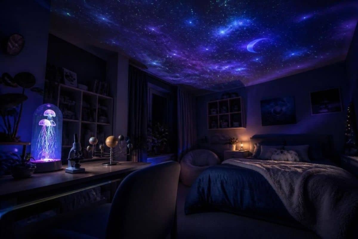Chambre d'enfant la nuit avec ciel étoilé projeté