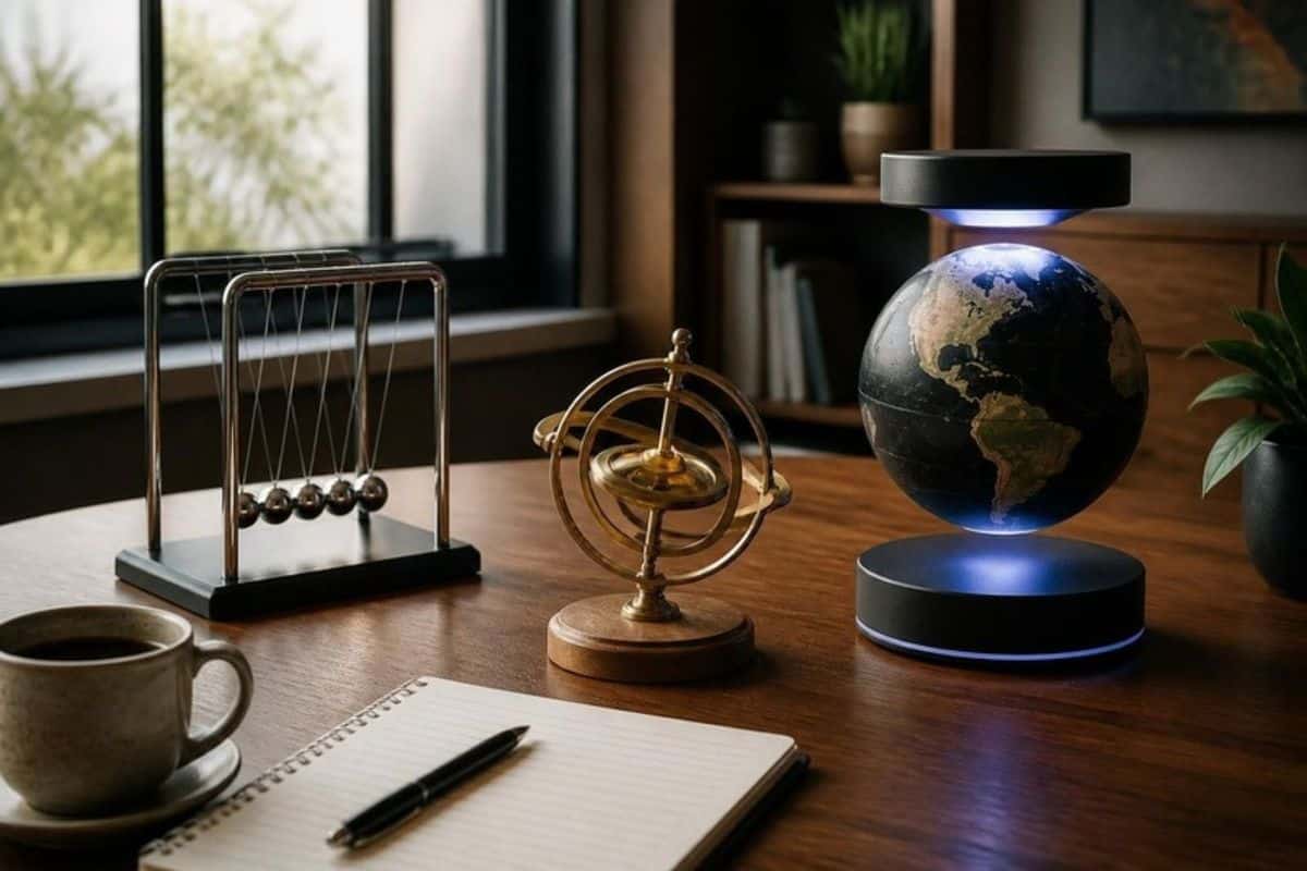 Bureau en bois avec pendule de Newton, gyroscope et globe